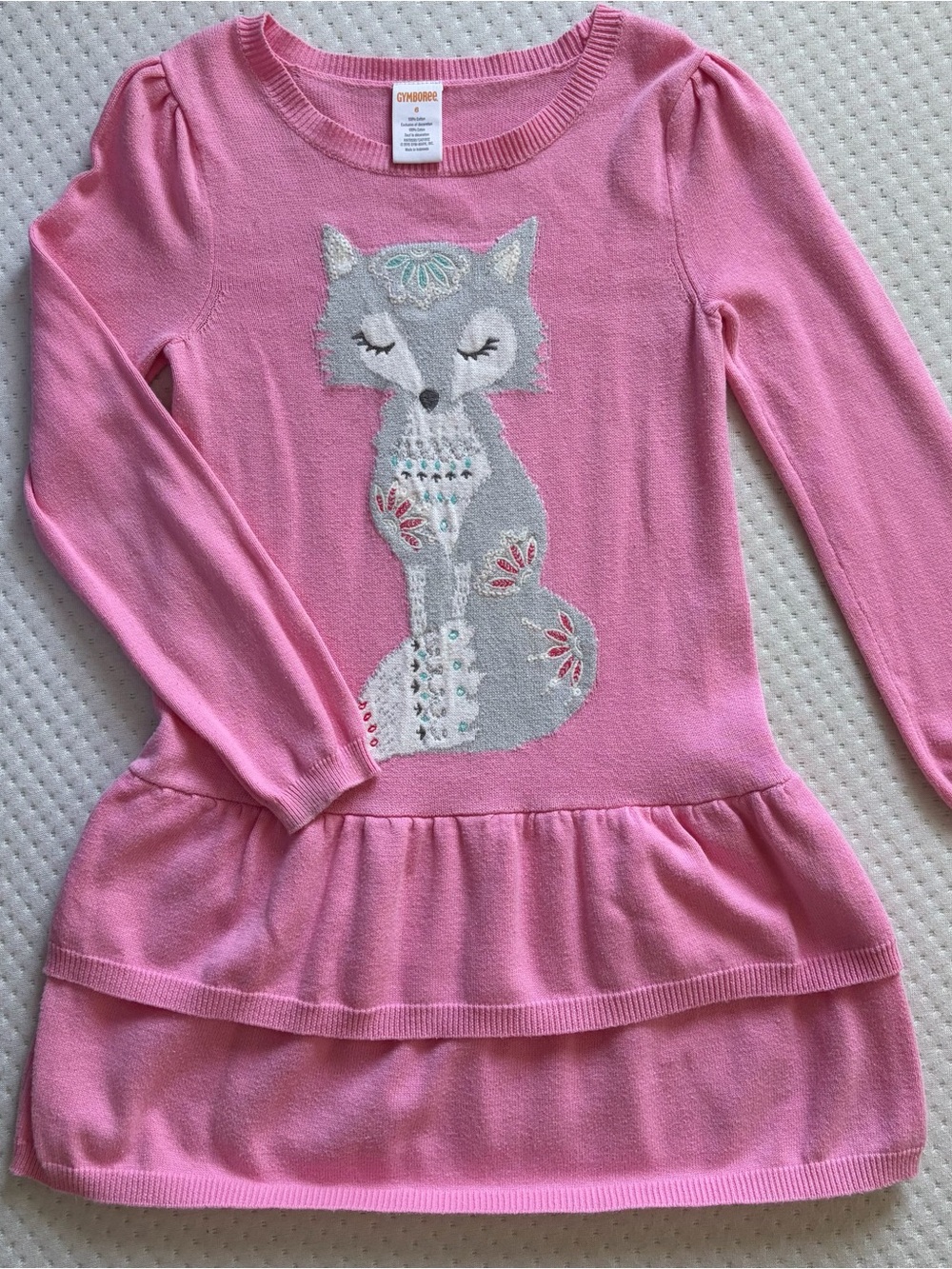 Gymboree Girls Size 6 Pink Fox Sweater Dress Long Sleeve 100% Cotton